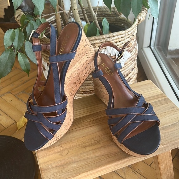 Lauren Ralph Lauren Shoes - Lauren Ralph Lauren QUAYLIN Navy Blue Peep Toe Cork Wedge Heel Shoes 7